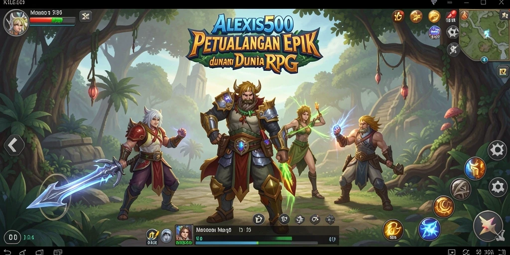 Screenshot ALEXIS500 menampilkan pertarungan epik dalam dunia RPG.