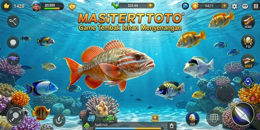Screenshot gameplay MASTERTOTO yang menampilkan aksi menembak ikan.