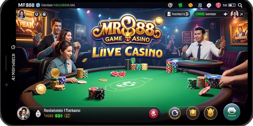 Screenshot gameplay MR888 menampilkan dealer langsung dan permainan kasino yang seru.