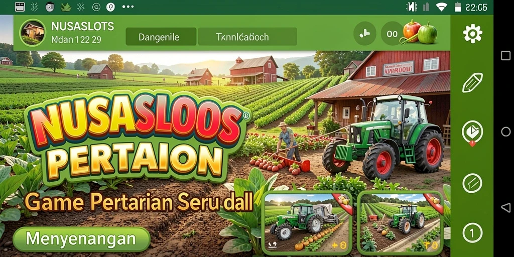 Tampilan gameplay NUSASLOTS dengan ladang yang subur dan hewan ternak.