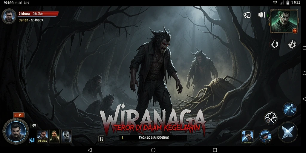 Screenshot gameplay WIRANAGA menampilkan suasana horror yang tegang dan mencekam.